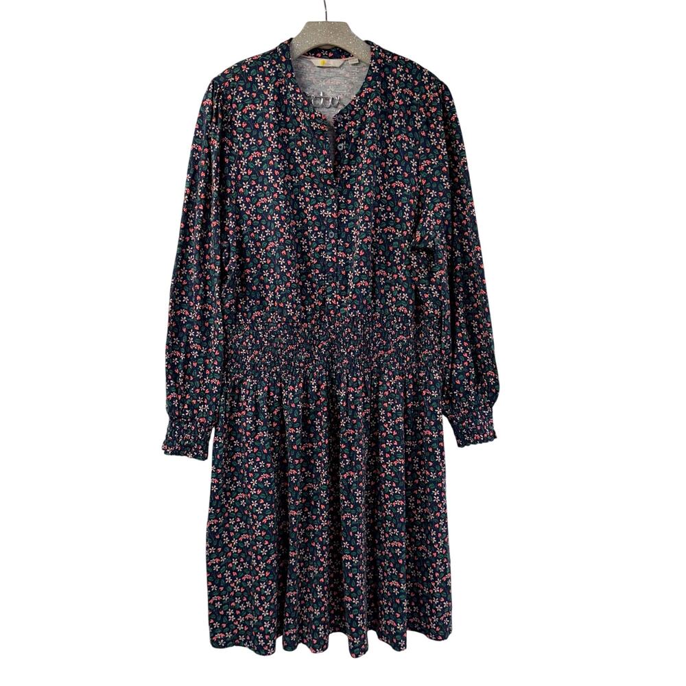 Boden Strawberry Print Dress 20/22R Blue Long Sleeve Smocked Waist